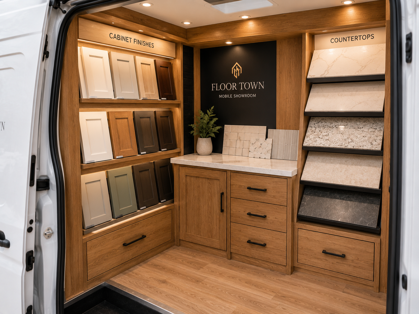 Cabinet and countertop samples inside the mobile showroom van