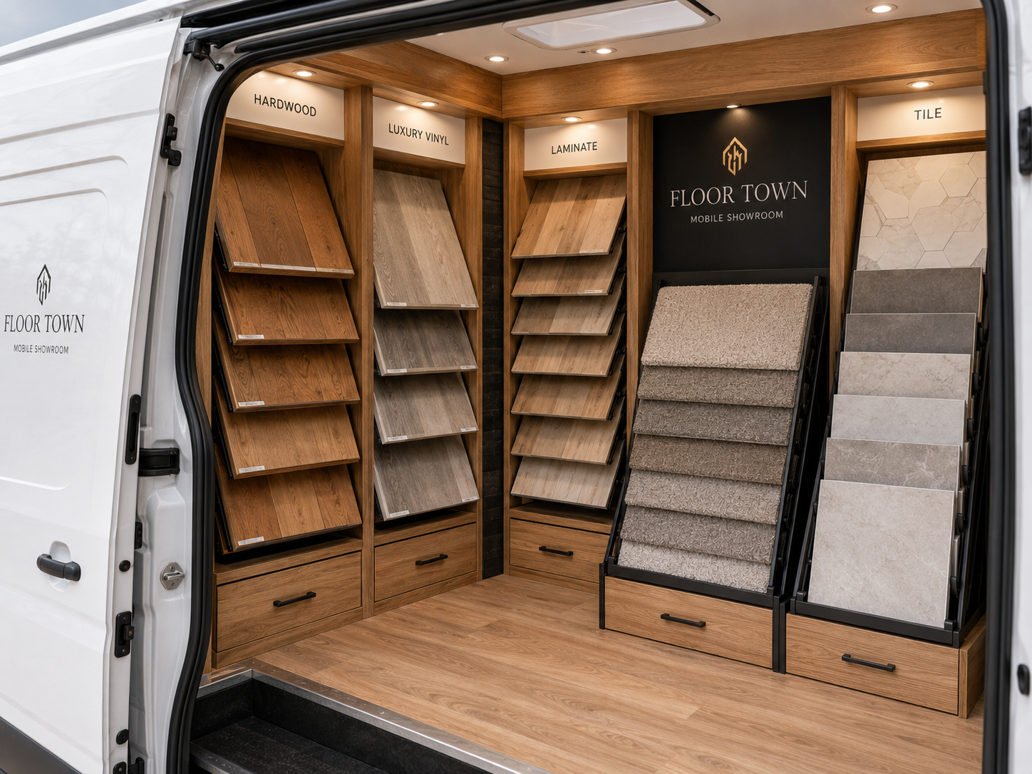 Flooring sample displays inside the van