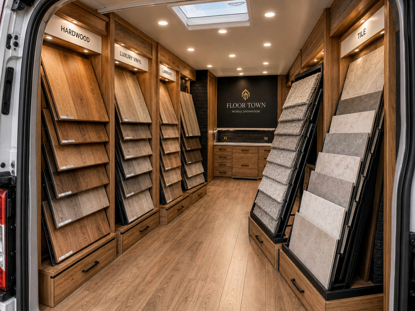 Sample displays inside the mobile showroom van