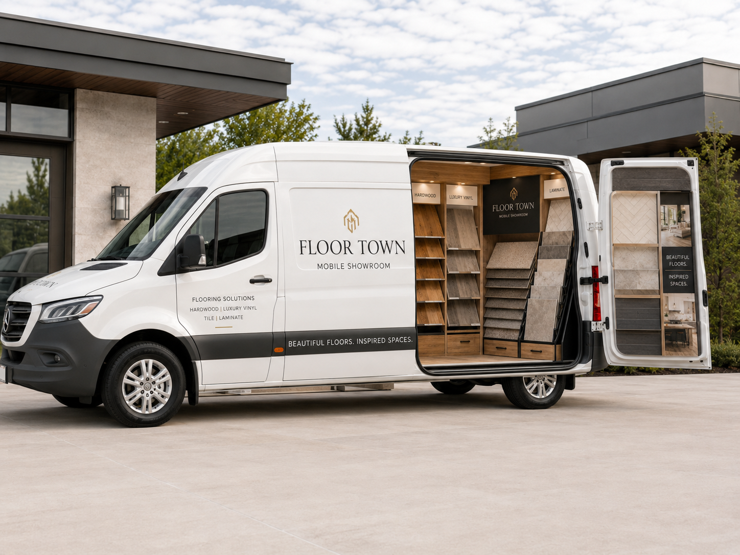 Open van doors revealing sample displays